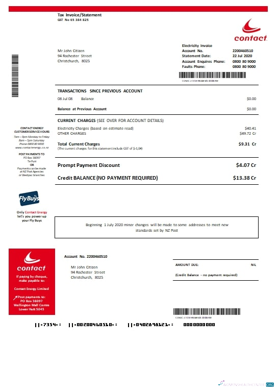 download New Zealand Contact Energy proof of energy template in Word and PDF format PDF template